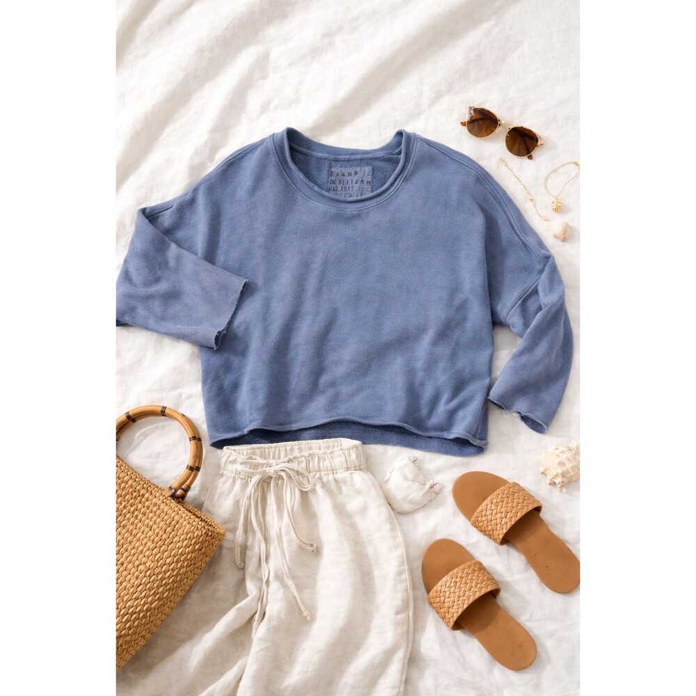 Frank & Eileen Anna Capelet Tee Lab Blue 100% Cotton Boxy Minimalist Top Size L